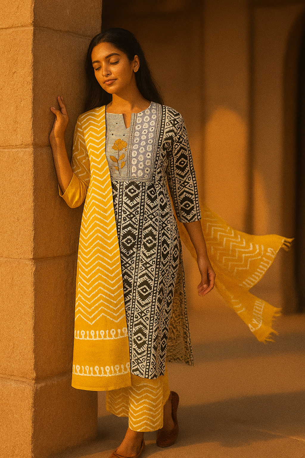 Cotton suit with contrast bottom and dupatta