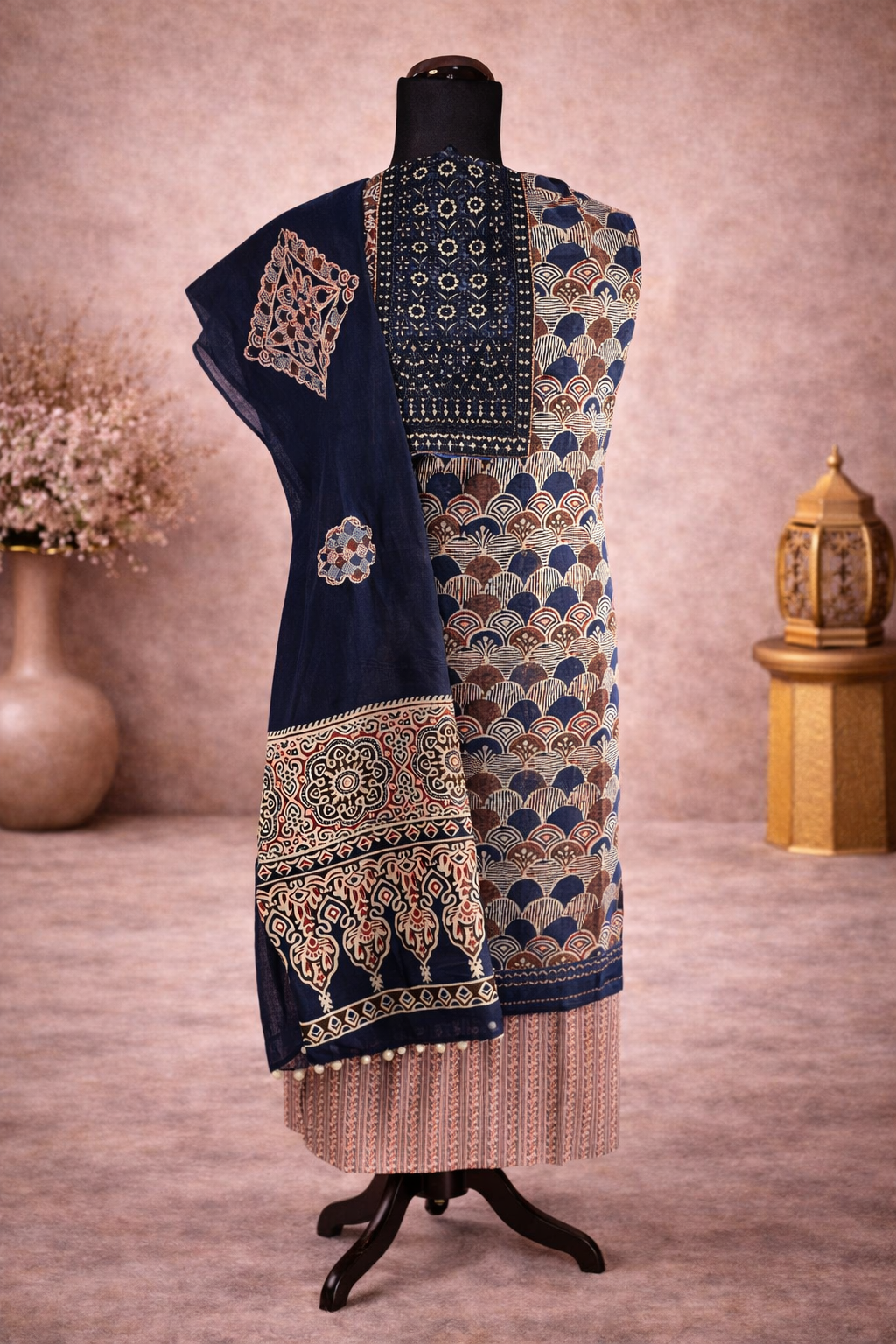 Cotton suit with heavy neck work and cotton gota dupatta