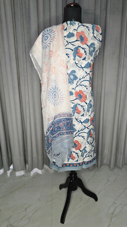 Stamp print Sanganeri cotton suit with chiffon dupatta