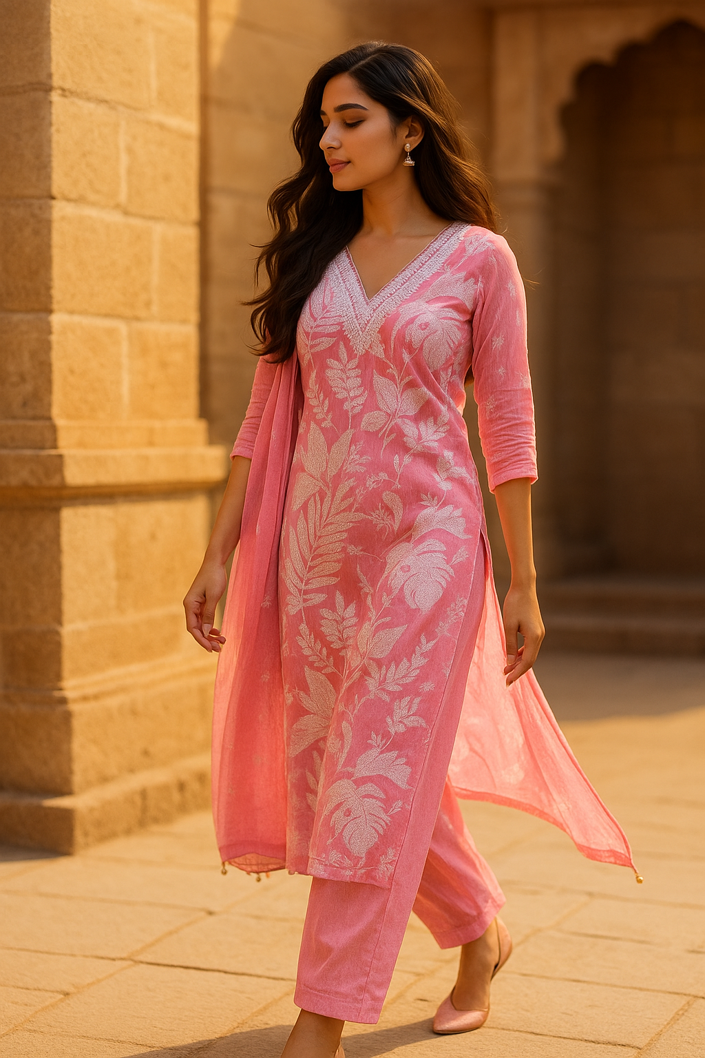 Cotton embroidery suit with organza gota dupatta