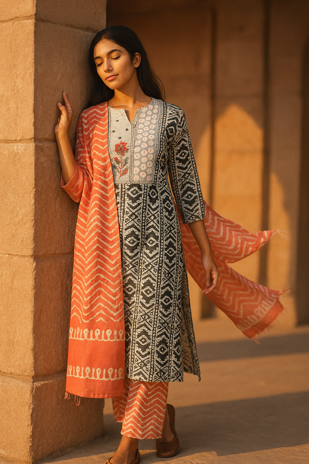 Cotton suit with contrast bottom and dupatta