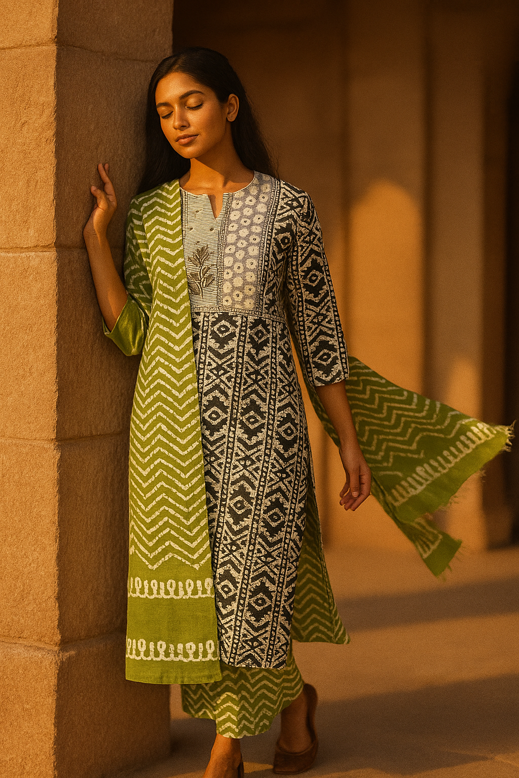 Cotton suit with contrast bottom and dupatta