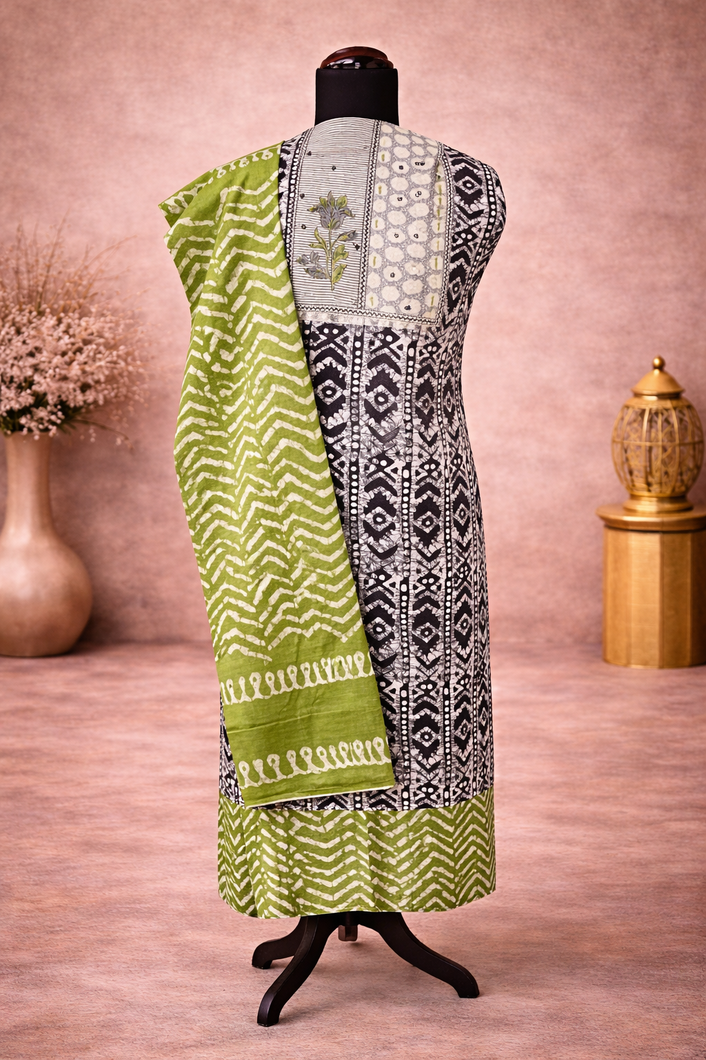 Cotton suit with contrast bottom and dupatta