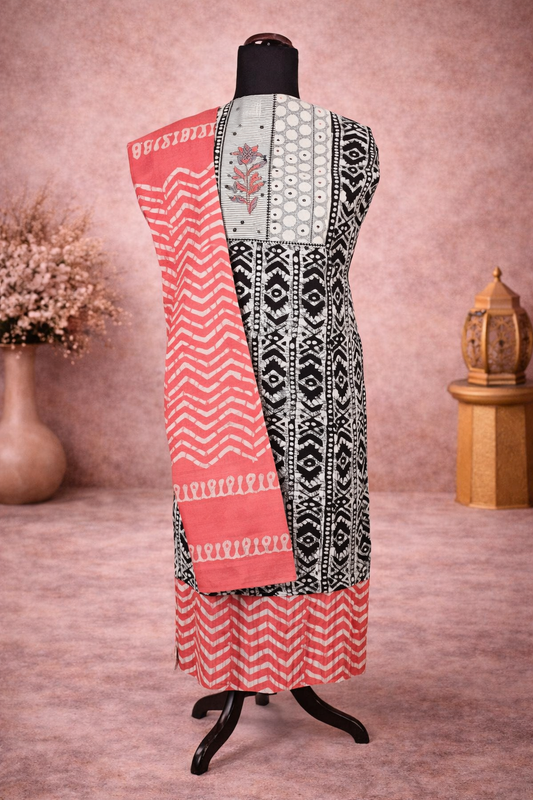 Cotton suit with contrast bottom and dupatta