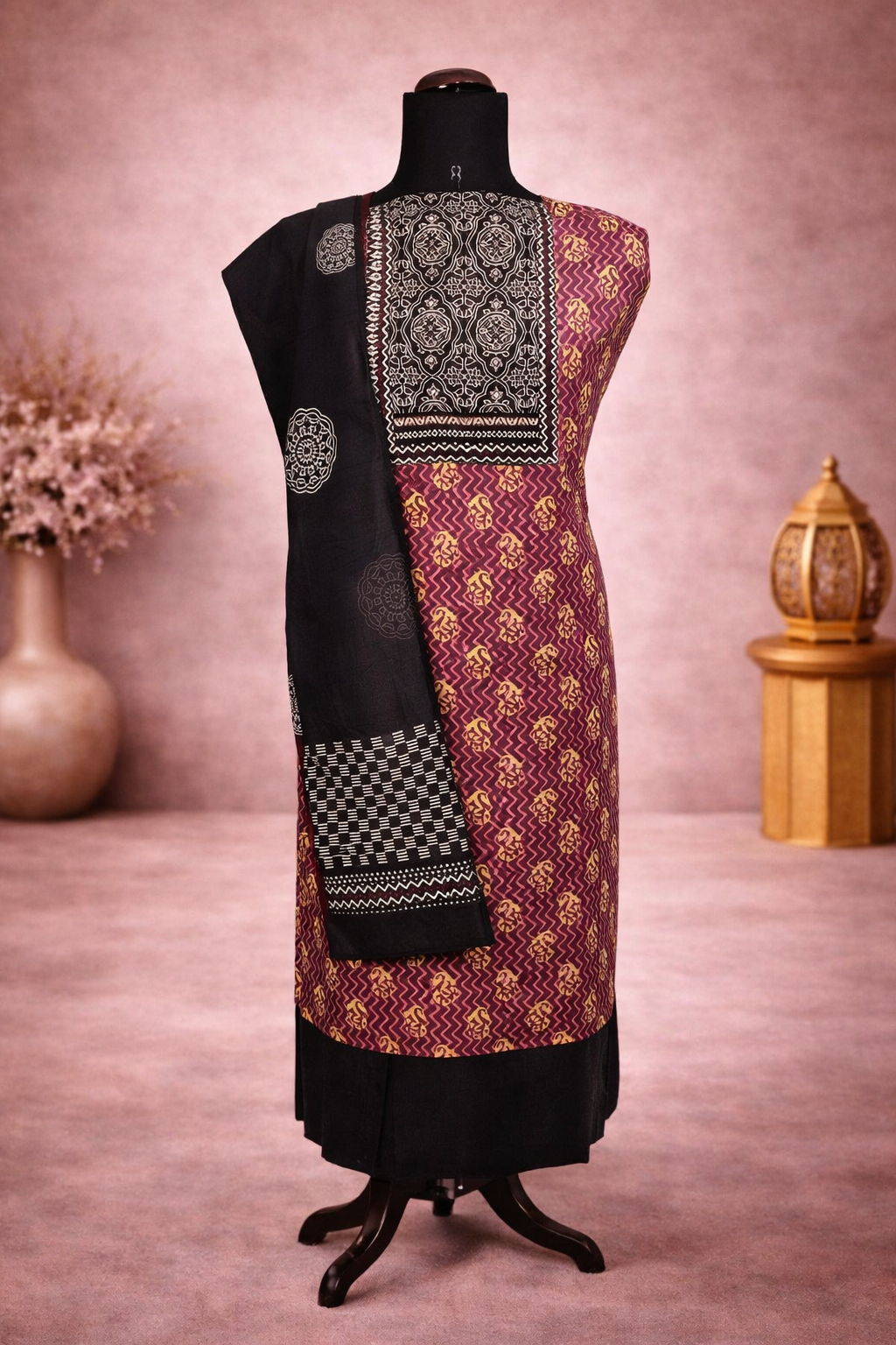 Digital print soft mal cotton suit with contrast dupatta