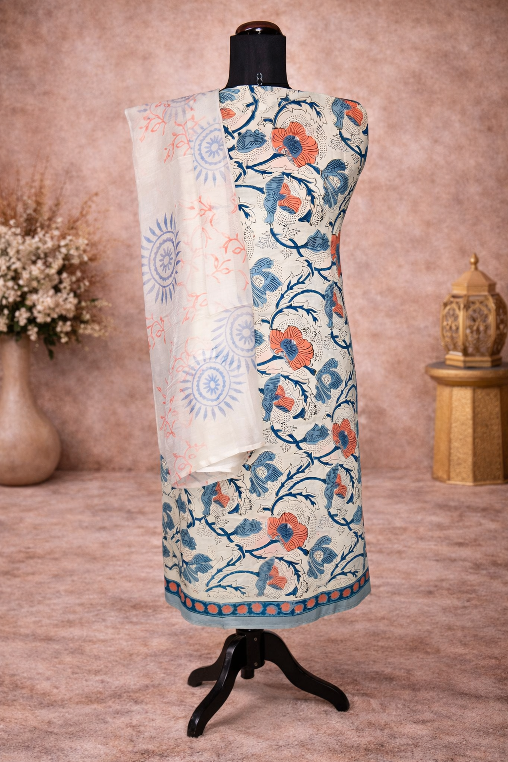 Stamp print Sanganeri cotton suit with chiffon dupatta