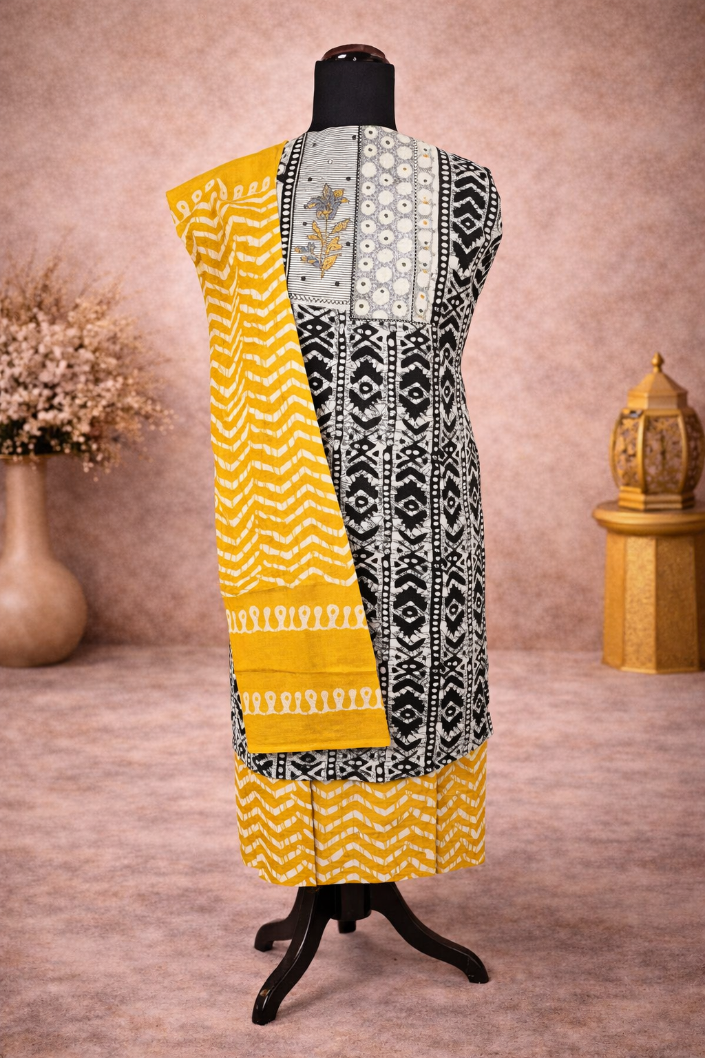 Cotton suit with contrast bottom and dupatta