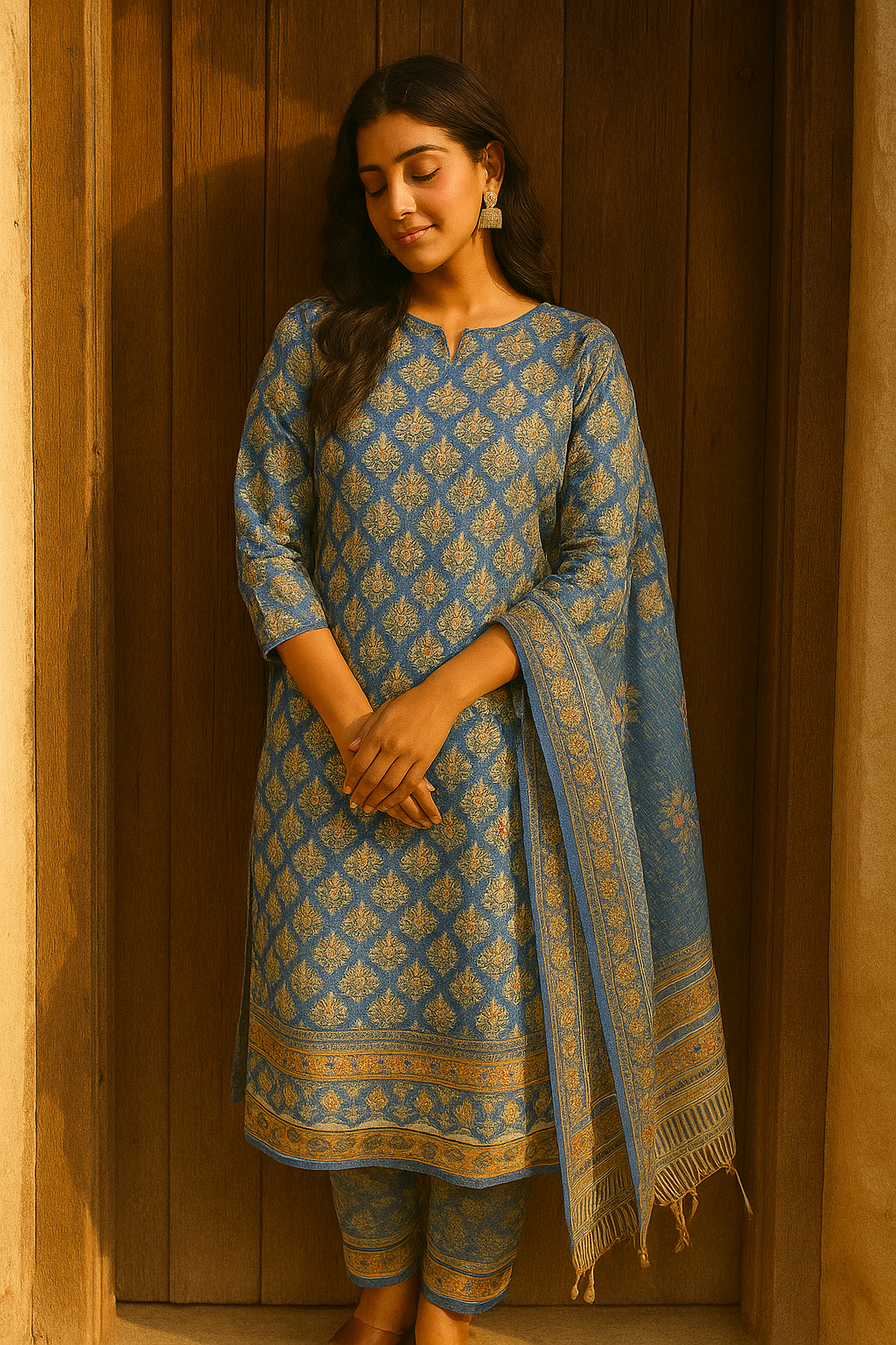 Cotton block print suit with chanderi silk dupatta