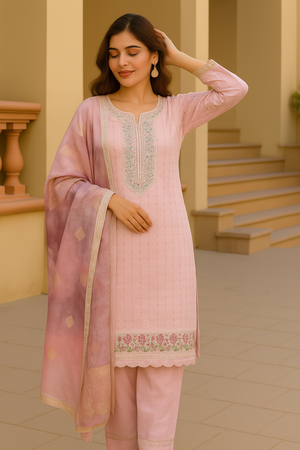 Hojari work with broad border and organza dupatta